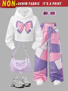 SHEIN Sparklyn 女童大童休閒百搭日常趣味塗鴉圖案連帽短版衛衣＋牛仔風塗鴉寬鬆長褲套裝 - 彩色 - 查看 1