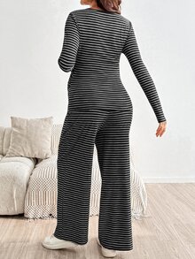 SHEIN 孕婦哺乳V領長袖上衣與長褲條紋兩件套 秋季 - 深灰色 - 查看 9