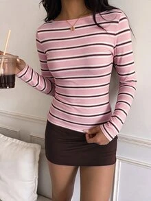 SHEIN EZwear 休閒極簡性感露肩奶油黃條紋長袖T恤，適合秋冬季節，秋冬服飾搭配，奶油黃條紋讓妳顯得更白皙 - 粉色 - 查看 6