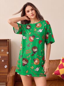 HARRY POTTER X SHEIN 女款全印花休閒日常居家睡裙 - 綠色 - 查看 4