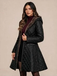 Amorya Women's Long Sleeve Zipper Front Thermal Lined Hooded Winter Jacket - Black - View 4