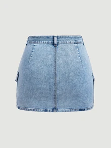 SHEIN MOD Plus Size Street Fashion Button Pocket Denim Mini Skirt - Blue - View 2