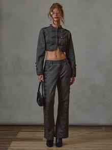MUSERA Celana Jeans Denim Hitam Model Fitted Flare dengan Detail Militer untuk Musim Gugur dan Musim Dingin, Cocok untuk Sehari-hari, Kembali ke Sekolah, dan Aktivitas Militer lainnya. - Grey - View 3
