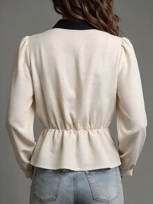 SHEIN Elegant Small Stand Collar Colorblock Patchwork Asymmetrical Hem Loose Fit Casual Shirt For Women, Suitable For Daily Wear, Campus Style And Commuting - Apricot - View 2