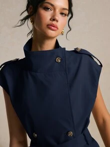Poéselle Women's Solid Color Waist Tie Casual Versatile Trench Coat Jacket - Navy Blue - View 3
