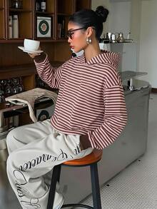 Muchica Plus Size Women's Striped Casual Daily Wear Hooded Sweatshirt - Multicolor - View 4