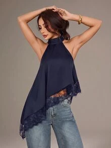 SHEIN PETITE 不對稱高領掛脖上衣，蕾絲飾邊，晚宴派對雞尾酒會正式優雅款 - 藏蓝色 - 查看 3