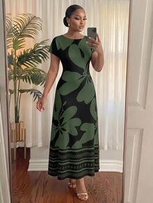 SHEIN Lady CURVE Gaun Ukuran Besar Leher Bulat Lengan Pendek Motif Botanis untuk Pesta, Kencan Malam, Liburan, Musim Panas, Warna Hitam Elegan - Hijau Tentara - View 5