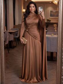 SHEIN Lady Plus Size Women Solid Color Pleated Ribbon Design Elegant Dress - Coffee Brown - View 10