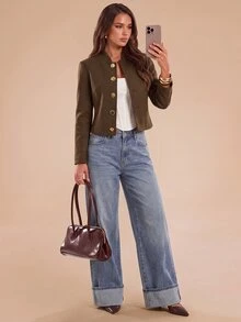 Bluhae Women's Stand Collar Button Long Sleeve Short Jacket - Coffee Brown - View 4