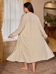 PalaceNights Plus Size Women Lace Patchwork Camisole Nightgown & Long Sleeve Top Loungewear Set - Apricot - View 3