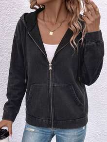 SHEIN LUNE Women's Hooded Zipper Pocket Denim Jacket - Dark Grey - View 5