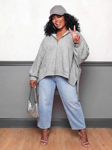Slaydiva Plus Size Women's Hoodie, Grey Batwing Irregular Hem Plus Size Zip Up Cardigan Sweatshirt - Grey - View 11
