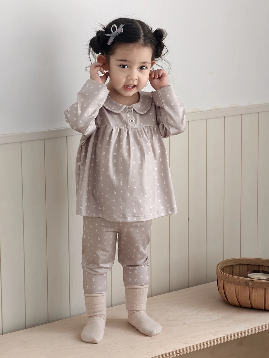 DAZY Infant (Girl) Peter Pan Collar Long Sleeve All-Over Floral Print 2 Pieces Loungewear Set - Beige - View 1