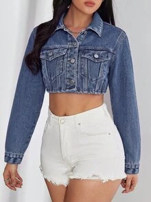 Rivivi Women's Cropped Button Long Sleeve Pocket Denim Jacket - Light Wash - View 4