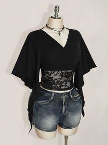 SHEIN ICON Dam T-shirt i plus size med svart spets och patchwork - Svart - Visa 5