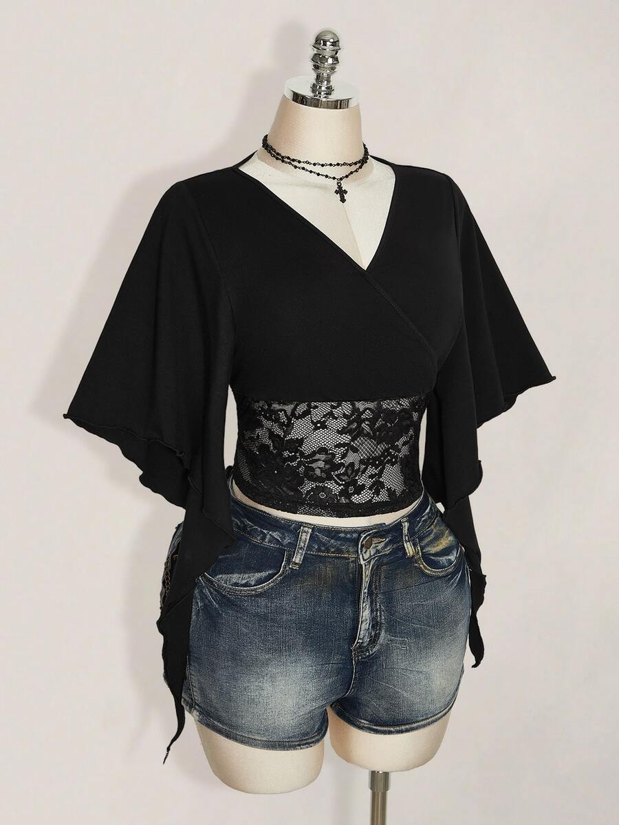 SHEIN ICON Women Plus Size Black Lace Patchwork T-Shirt - Black - View 1