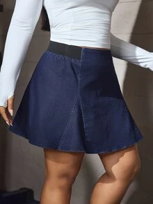 Flexra Plus Size Solid Color High Stretch Denim Mini Skirt - Dark Wash - View 5