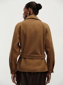 Aveloria Modichic Women Overcoat Oversized Wrap Woolen Wide Lapel Belted Raglan Lantern Sleeve Elegant Camel Solid Camel Coat Office Outfit Minimalist Thanksgiving - Brown - View 2