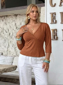 Auralis Early Autumn Deep V-Neck Back To School Season Mid-Sleeve Fitted Teal Plus Size Elegant T-Shirt/Modern Commute - Brown - View 4