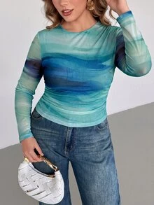 Auralis Round Neck Long Sleeve Tie Dye Pleated Transparent Printed T-Shirt - Multicolor - View 5