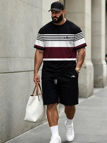 KRYTIVO Plus Size Graffiti Set For Men, Black & Orange Contrast Color King Print Short Sleeve & Shorts 2 Pieces Set, Loose Fit Slimming American Street Casual Sports Outfit - Multicolor - View 1