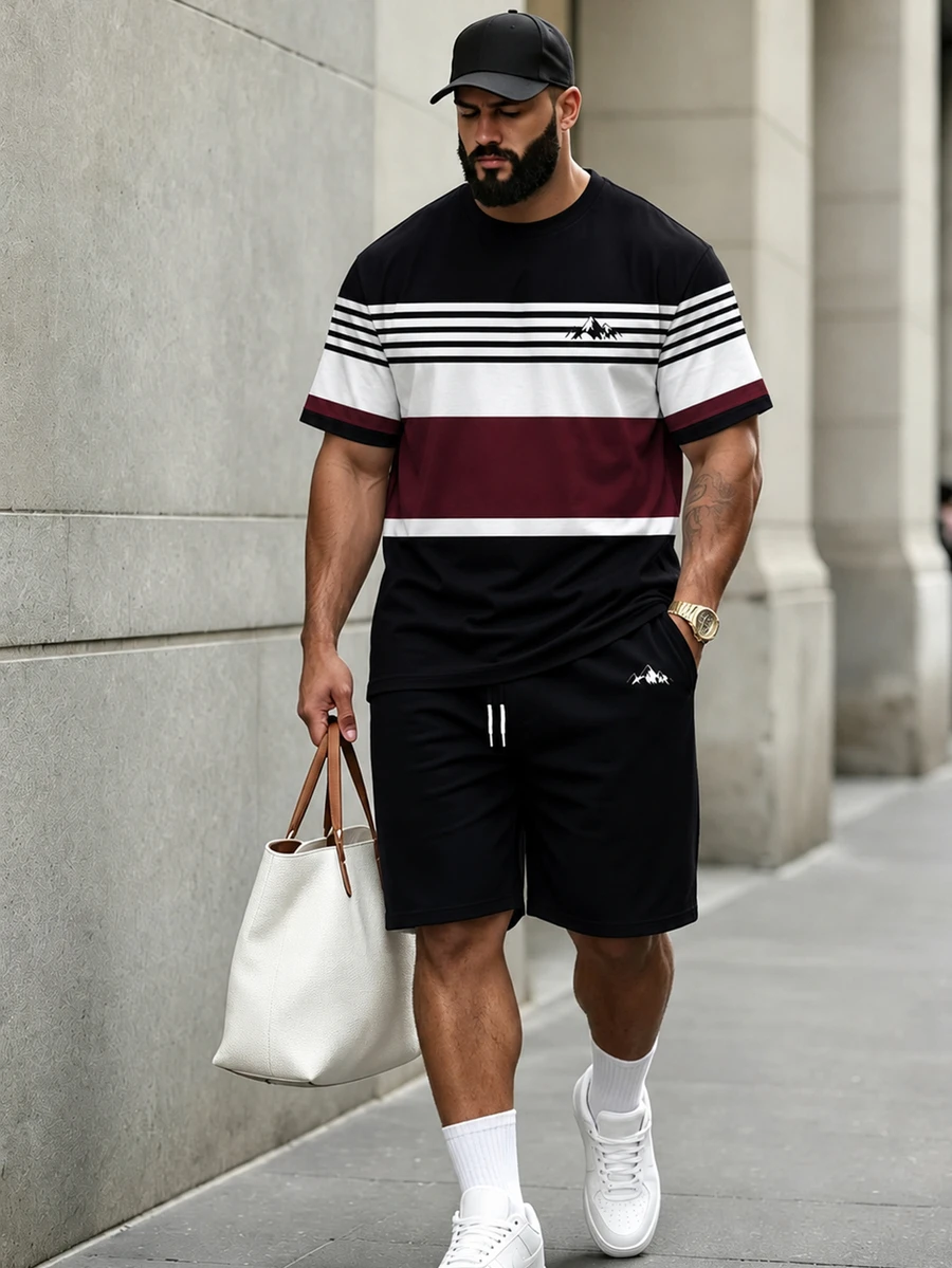 KRYTIVO Plus Size Graffiti Set For Men, Black & Orange Contrast Color King Print Short Sleeve & Shorts 2 Pieces Set, Loose Fit Slimming American Street Casual Sports Outfit - Multicolor - View 1