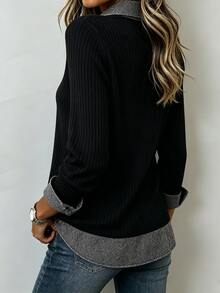 Breezaya Casual Women's Colorblock Lapel Button Design Long Sleeve Top - Multicolor - View 2