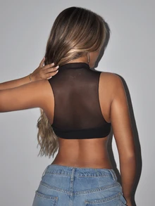 SHEIN ICON Black Corset Mock Neck Cut Out Crop Tank Top - Black - View 3