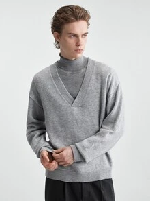 RONVEXI Men's Solid Color Casual Versatile Daily Wear Long Sleeve Sweater - Grey - View 5