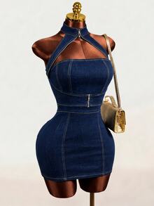 Mistrie Women's Hollow Out Casual Daily Wear Halter Neck Denim Dress - Blue - View 3