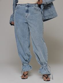 MUSERA Plus Size Blue Denim Lace Detail Jeans Spring Summer Casual Everyday Day Outfit Going Out - Blue - View 2