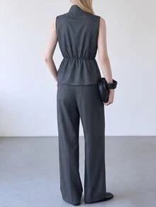 Lumivelle Old Money Style Stand Collar Double-Breasted Waist-Cinching Vest & Wide-Leg Pants 2 Pieces Set For Women, Elegant Outfit - Dark Grey - View 2