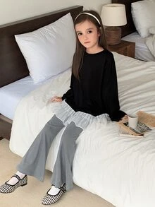 Dazy Kids Tween Girl) Black T-Shirt & Flared Pants Casual Cute Autumn/Winter 2 Pieces Set - Black - View 4