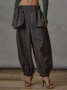 MUSERA Celana Capri Longgar dengan Detail Saku Besar Bergaris-garis untuk Musim Gugur dan Musim Dingin, Cocok untuk Sehari-hari, Kasual, untuk Acara Santai, Gaya Keren, Festival, dan Pesta. - Coklat - View 2