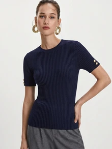 Trelyra Elegant Round Neck Knit Simple Fashion Ribbed Sweater Top - Royal Blue - View 2