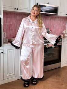 Slumberry CURVE Sweet & Cute Striped Satin Colorblock Fuzzy Open Front Lapel Plus Size Pajama Set - Multicolor - View 3