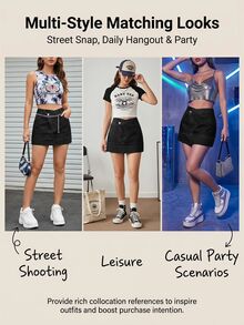 SHEIN MOD 女款不對稱腰頭口袋休閒牛仔裙 - 黑色 - 查看 8