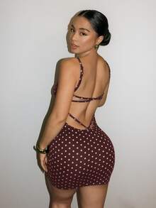 SHEIN SXY 夏季棕色波點性感露背迷你洋裝，適合夜店、外出與夜晚聚會 - 彩色 - 查看 2