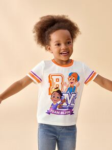 Blippi X SHEIN Young Girl Letter Print Short Sleeve Crew Neck T-Shirt - Orange - View 5