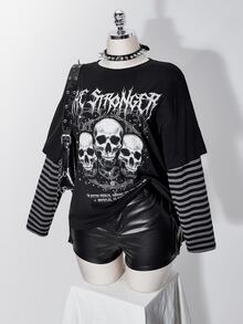 SHEIN ICON Women Plus Size Letter Skull Print Patchwork Striped 2 In 1 T-Shirt - Black - View 11