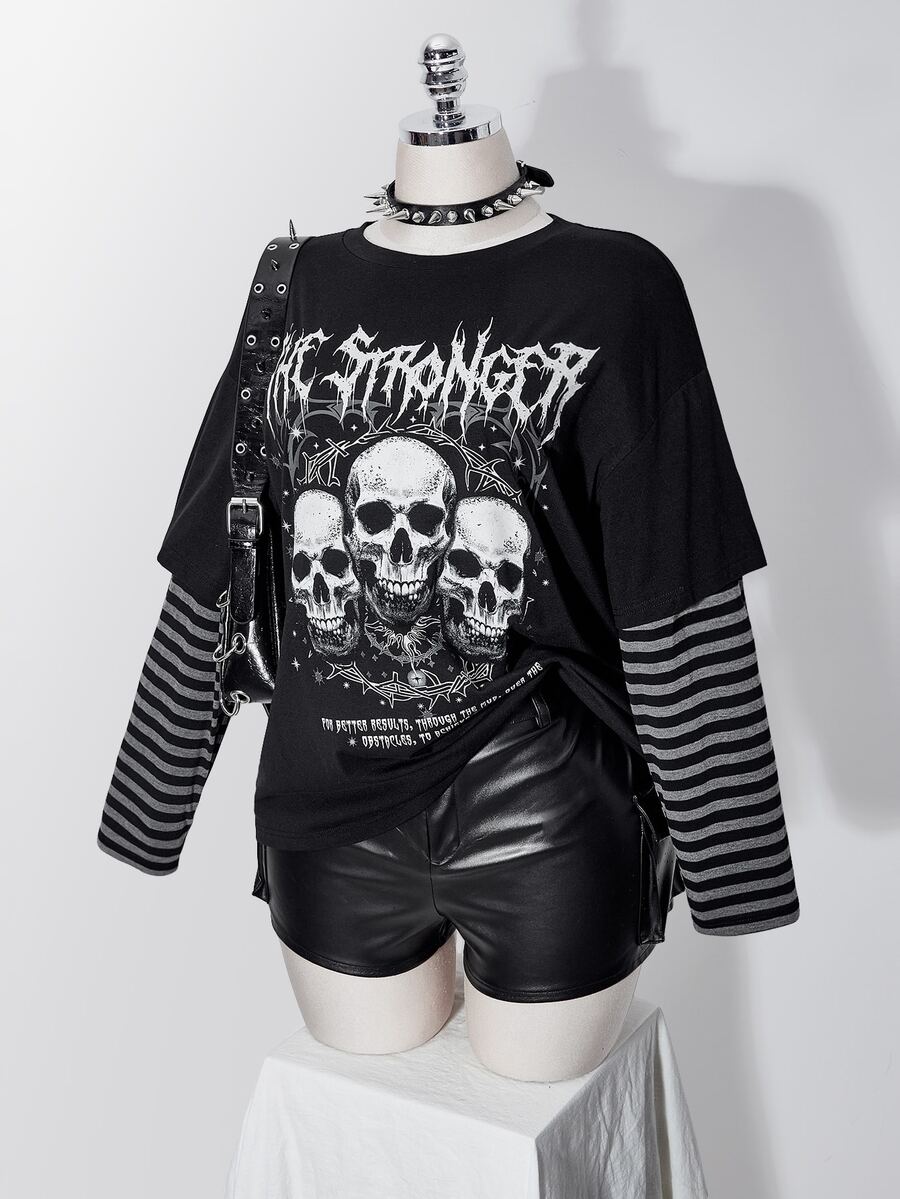 SHEIN ICON Women Plus Size Letter Skull Print Patchwork Striped 2 In 1 T-Shirt - Black - View 1