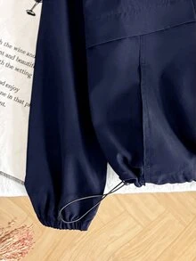 SHEIN 兒童青少年女孩休閒街頭風連帽口袋拉鍊前開襟下擺長袖梭織素色外套秋冬大衣 - 藏蓝色 - 查看 6