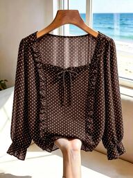 GlowEve CURVE Women's Square Neck Black & White Polka Dot Chiffon Cover Up, Lightweight Puff Sleeve Sheer Sun Protection Loose Shirt, Ruffle Hem Polka Dot Chiffon Top, Loose Flattering Square Neck Tie Front Thin Long Sleeve Sun Protection Cover-Up Shirt