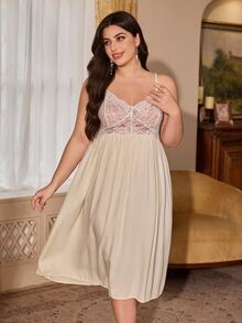 PalaceNights Plus Size Women Lace Patchwork Camisole Nightgown & Long Sleeve Top Loungewear Set - Apricot - View 7