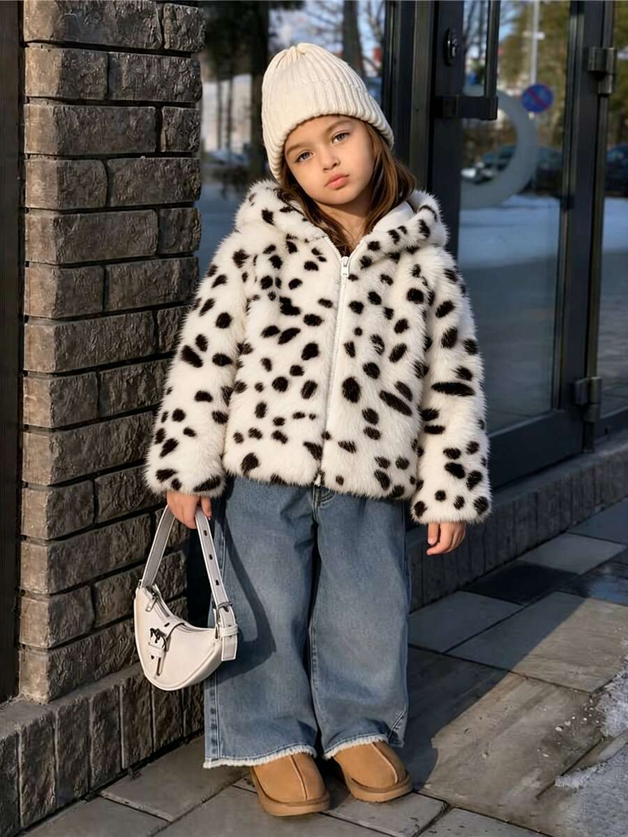 SHEIN Elladie kids 女童秋冬休閒西式卡其豹紋毛絨夾克，前拉鍊設計，提花可愛耳朵連帽開襟毛絨加厚外套