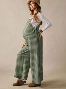 Boho Mama 孕婦時尚寬鬆連身褲，直條紋圖案 - 綠色 - 查看 2