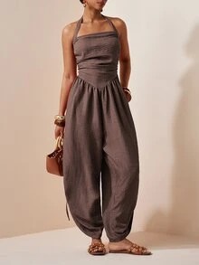 Zivah Women's Halter Neck Backless Tie Back Wide Leg Drawstring Jumpsuit - Coffee Brown - View 11