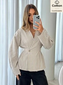Siren Gaze Women's Casual Button Waist Cinched Striped Blazer Jacket - Multicolor - View 1
