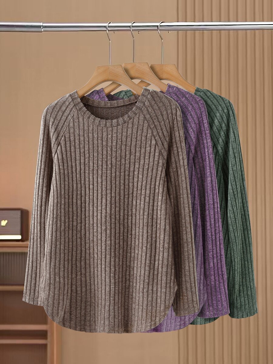 EMERY ROSE Women's Plus Size 3-Piece Set Fashion Top, Autumn/Winter Basic Loose Elegant Round Neck Long Sleeve Pullover - Multicolor - View 1